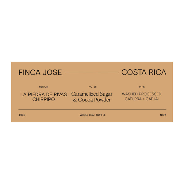 Coffee label from Finca Jose, Costa Rica with details on region, notes, and type.