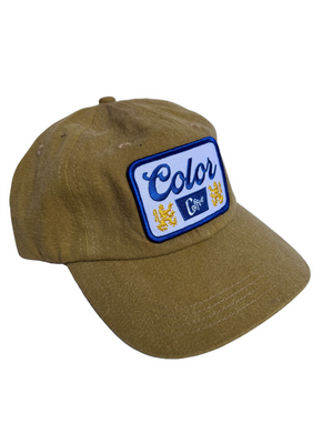 mustard color dad hat with blue,white and yellow Color Coffee patch on the front