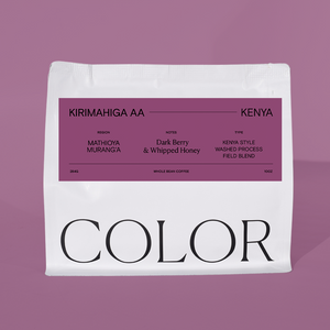 10oz white whole bean coffee bag with purple label and COLOR logo at the bottom on a purple background
