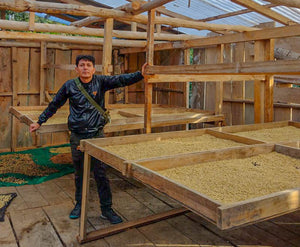 Person standing next to a wooden frame with coffee beans inside a rustic wooden building.