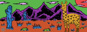 Colorful desert scene with a llama, cacti, and mountains on a green and orange background.