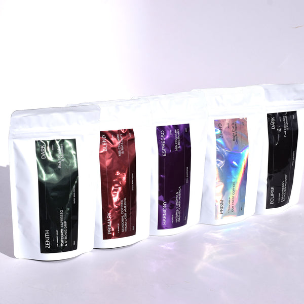 a showcase of 5 of our blends in our new white 4oz bags