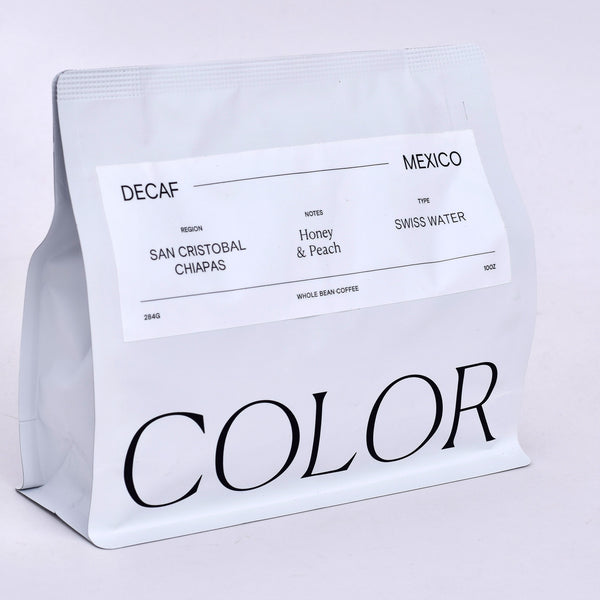 our newest decaf coffee from mexico, whole bean coffee in our new 10oz white coffee bag with white label