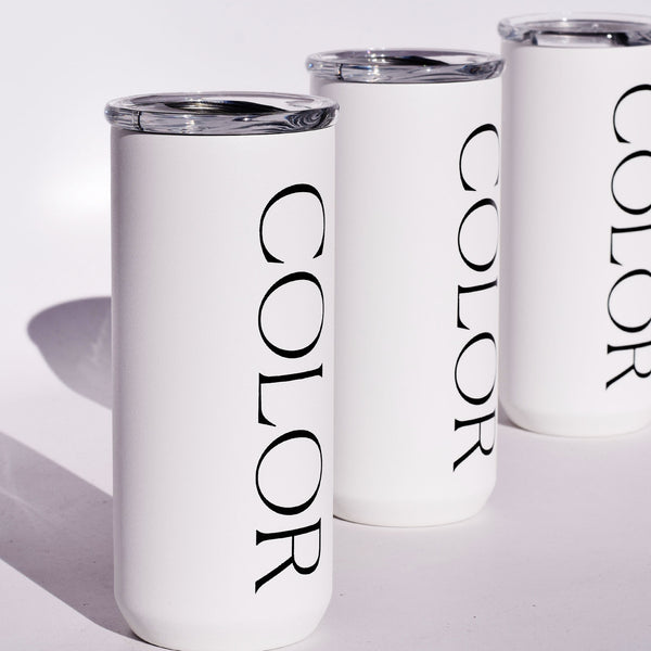 color coffee 16oz white stainless steel tumbler with lid with COLOR logo down the side